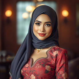 A beautiful woman wearing an elegant hijab and a stylish, sexy baju kurung