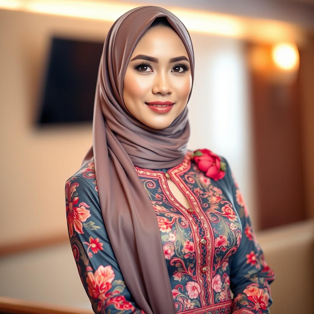 A beautiful woman wearing an elegant hijab and a stylish, sexy baju kurung