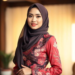 A beautiful woman wearing an elegant hijab and a stylish, sexy baju kurung