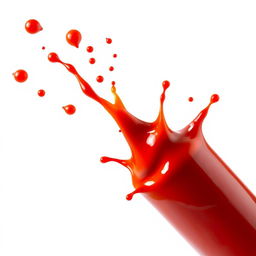 A vibrant and playful splash of ketchup with droplets flying in various directions, artistically arranged against a simple white background