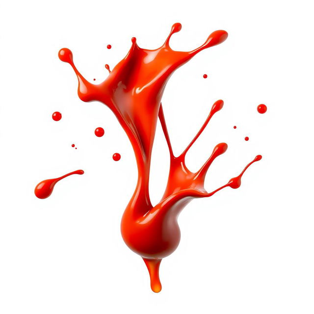 A vibrant and playful splash of ketchup with droplets flying in various directions, artistically arranged against a simple white background