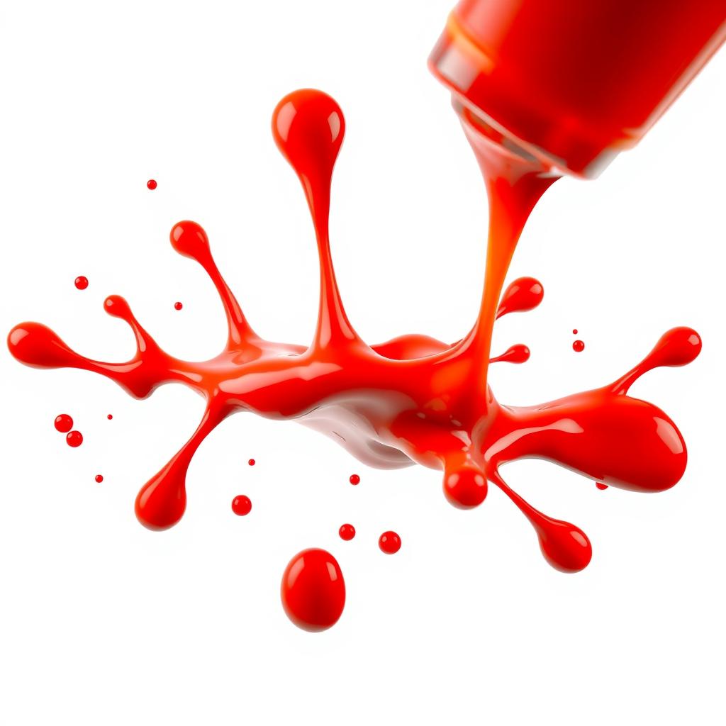 A vibrant and playful splash of ketchup with droplets flying in various directions, artistically arranged against a simple white background