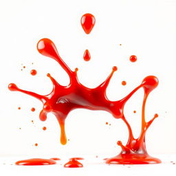 A vibrant and playful splash of ketchup with droplets flying in various directions, artistically arranged against a simple white background