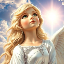 A very beautiful angel gazing up at the sky while speaking to God