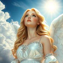 A very beautiful angel gazing up at the sky while speaking to God