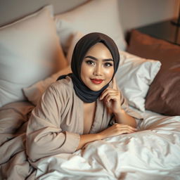 A beautiful woman in a stylish headscarf and a sexy baju kurung, lying seductively on a bed, exuding a sense of desire