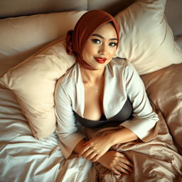 A beautiful woman in a stylish headscarf and a sexy baju kurung, lying seductively on a bed, exuding a sense of desire