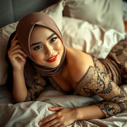 A beautiful woman in a stylish headscarf and a sexy baju kurung, lying seductively on a bed, exuding a sense of desire