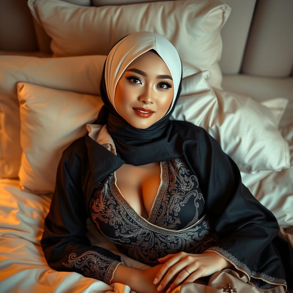 A beautiful woman in a stylish headscarf and a sexy baju kurung, lying seductively on a bed, exuding a sense of desire