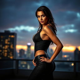 A beautiful female secret agent in stylish, form-fitting attire that highlights her curves, confidently posing with a seductive expression