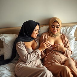 Two beautiful women wearing stylish hijabs and sexy baju kurung lounging on a bed in a sensual atmosphere, one woman playfully caressing the other's breasts, depicted in a tasteful manner that emphasizes their allure and connection, with soft lighting enhancing the intimacy of the scene