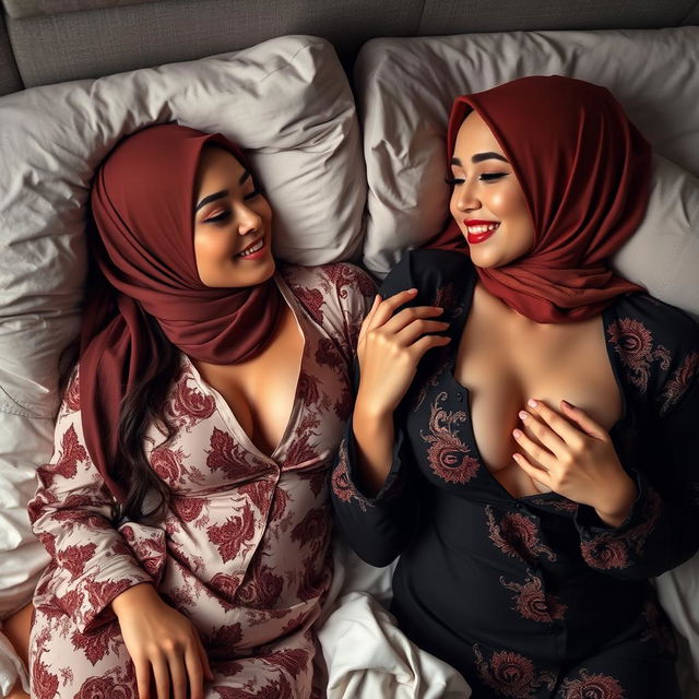 Two beautiful women wearing stylish hijabs and sexy baju kurung lounging on a bed in a sensual atmosphere, one woman playfully caressing the other's breasts, depicted in a tasteful manner that emphasizes their allure and connection, with soft lighting enhancing the intimacy of the scene