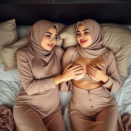Two beautiful women wearing stylish hijabs and sexy baju kurung lounging on a bed in a sensual atmosphere, one woman playfully caressing the other's breasts, depicted in a tasteful manner that emphasizes their allure and connection, with soft lighting enhancing the intimacy of the scene
