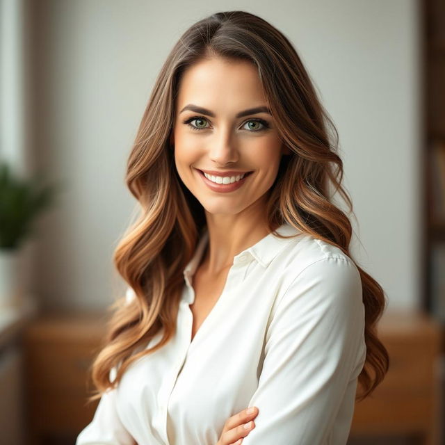 A full-faced portrait photograph of a confident and attractive adult woman with long wavy brown hair, bright green eyes, and a warm smile