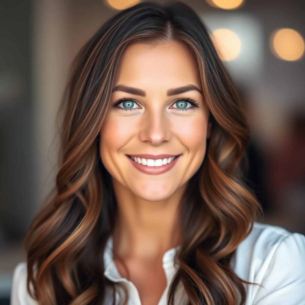 A full-faced portrait photograph of a confident and attractive adult woman with long wavy brown hair, bright green eyes, and a warm smile