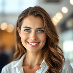 A full-faced portrait photograph of a confident and attractive adult woman with long wavy brown hair, bright green eyes, and a warm smile