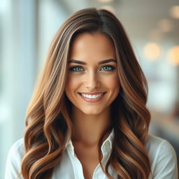 A full-faced portrait photograph of a confident and attractive adult woman with long wavy brown hair, bright green eyes, and a warm smile