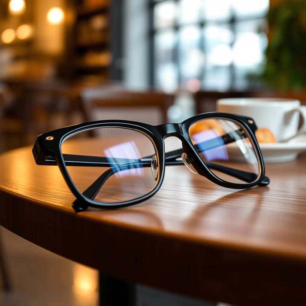 A pair of stylish black glasses resting on a wooden table