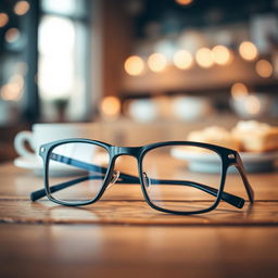 A pair of stylish black glasses resting on a wooden table