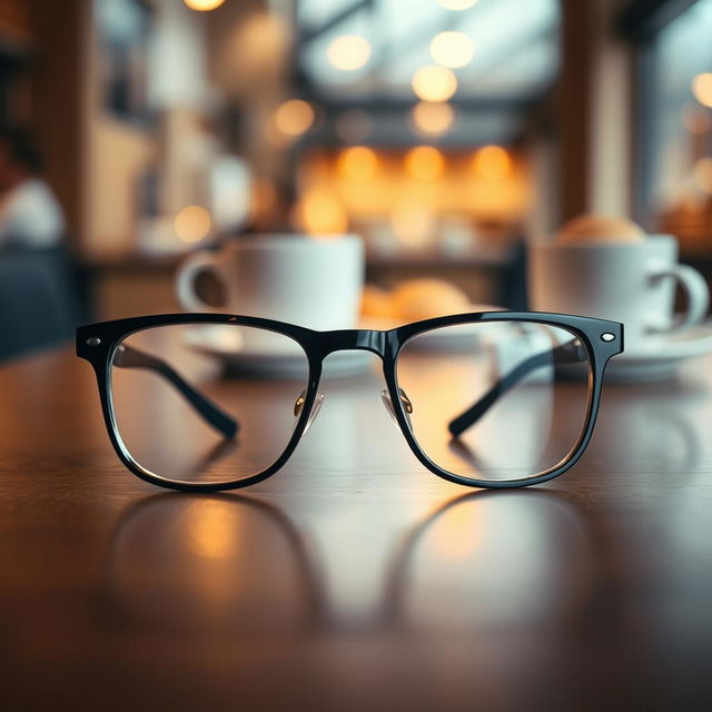 A pair of stylish black glasses resting on a wooden table