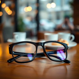 A pair of stylish black glasses resting on a wooden table
