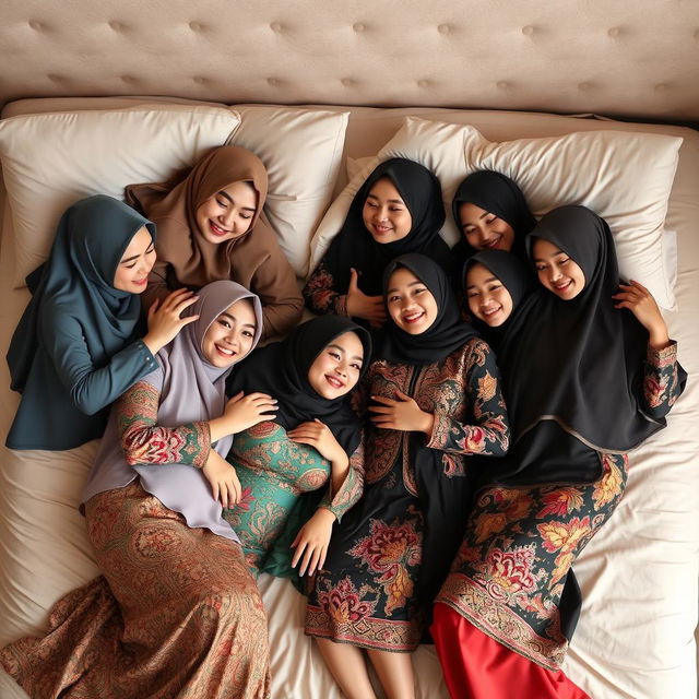 Seven beautiful women wearing hijabs and sexy traditional Malaysian baju kurung, lying on a plush bed