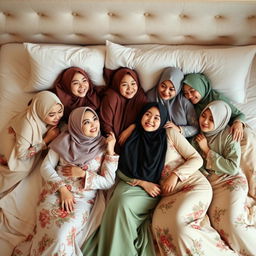 Seven beautiful women wearing hijabs and sexy traditional Malaysian baju kurung, lying on a plush bed