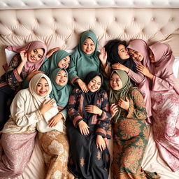 Seven beautiful women wearing hijabs and sexy traditional Malaysian baju kurung, lying on a plush bed