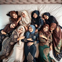 Seven beautiful women wearing hijabs and sexy traditional Malaysian baju kurung, lying on a plush bed