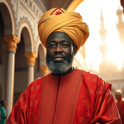 A vibrant and respectful depiction of Serigne Touba, showcasing him as a prominent figure in a traditional Senegalese setting