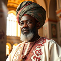 A vibrant and respectful depiction of Serigne Touba, showcasing him as a prominent figure in a traditional Senegalese setting