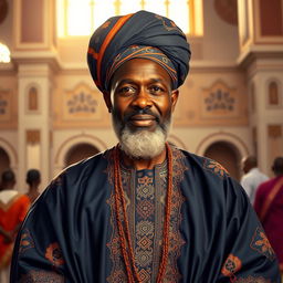 A vibrant and respectful depiction of Serigne Touba, showcasing him as a prominent figure in a traditional Senegalese setting