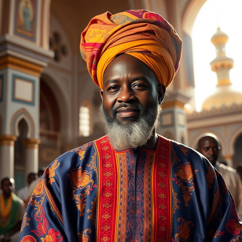 A vibrant and respectful depiction of Serigne Touba, showcasing him as a prominent figure in a traditional Senegalese setting