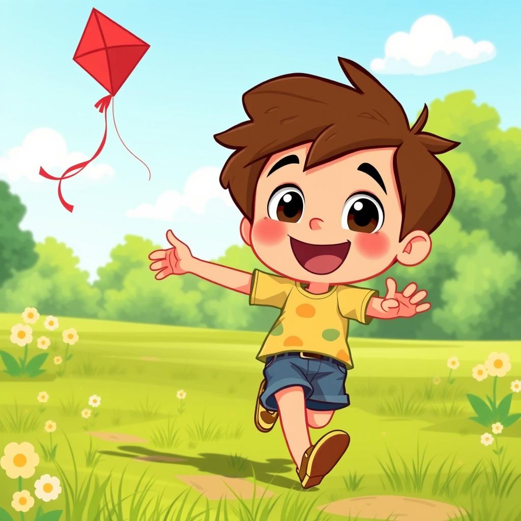 A vibrant and cheerful cartoon boy, with big expressive eyes and a wide smile, wearing a colorful t-shirt and denim shorts