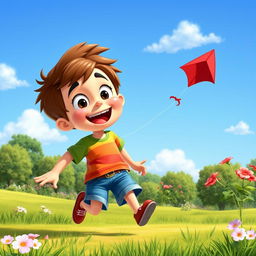 A vibrant and cheerful cartoon boy, with big expressive eyes and a wide smile, wearing a colorful t-shirt and denim shorts