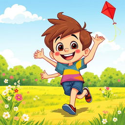 A vibrant and cheerful cartoon boy, with big expressive eyes and a wide smile, wearing a colorful t-shirt and denim shorts