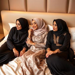 Three beautiful women wearing stylish hijabs and sexy baju kurung, lounging on a luxurious bed