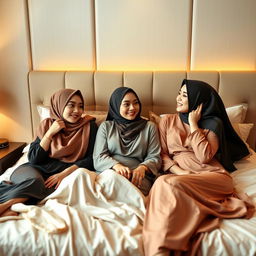 Three beautiful women wearing stylish hijabs and sexy baju kurung, lounging on a luxurious bed