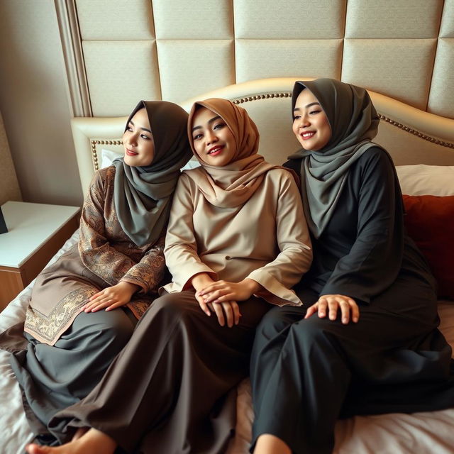 Three beautiful women wearing stylish hijabs and sexy baju kurung, lounging on a luxurious bed