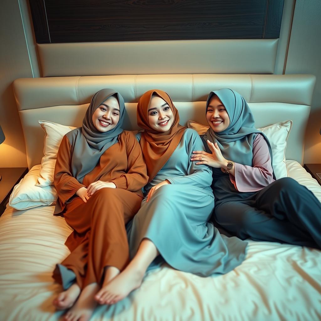 Three beautiful women wearing stylish hijabs and sexy baju kurung, lounging on a luxurious bed