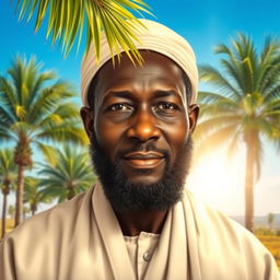 A serene portrait of Ahmadou Bamba, the revered Senegalese religious leader and founder of the Mouride brotherhood