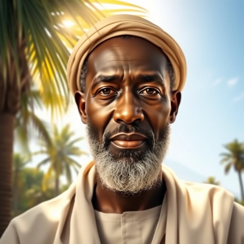 A serene portrait of Ahmadou Bamba, the revered Senegalese religious leader and founder of the Mouride brotherhood