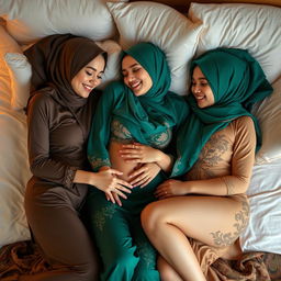 Three beautiful women in headscarves and sexy kurung outfits lying on a bed, playfully caressing each other's bodies, showcasing their elegant fashion and cheerful expressions, surrounded by soft pillows and a cozy atmosphere, with gentle warm lighting accentuating their features