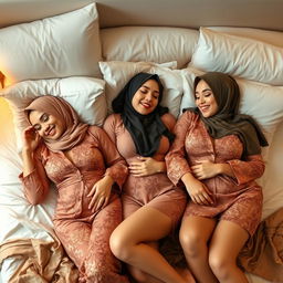 Three beautiful women in headscarves and sexy kurung outfits lying on a bed, playfully caressing each other's bodies, showcasing their elegant fashion and cheerful expressions, surrounded by soft pillows and a cozy atmosphere, with gentle warm lighting accentuating their features