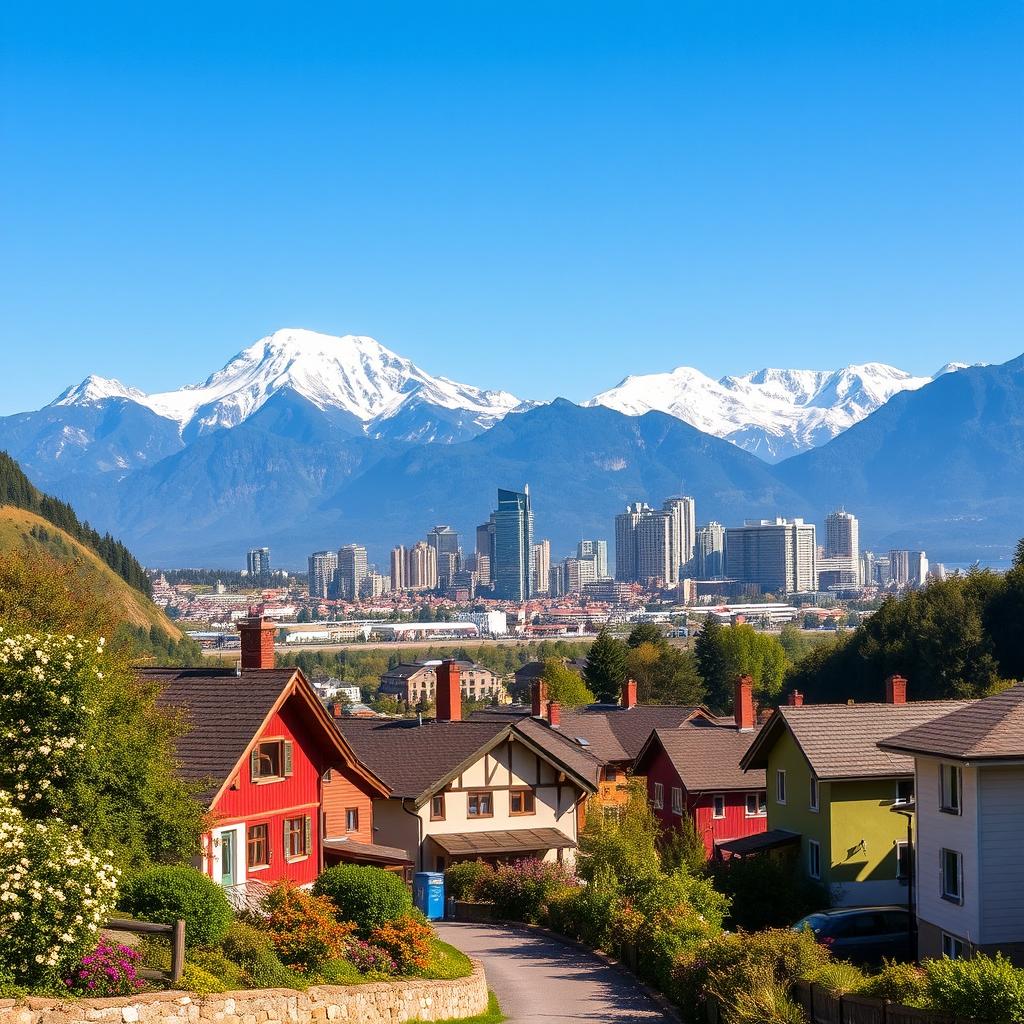 A picturesque landscape featuring a quaint village in the foreground with charming, colorful cottages and blooming flowers