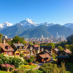 A picturesque landscape featuring a quaint village in the foreground with charming, colorful cottages and blooming flowers