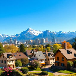 A picturesque landscape featuring a quaint village in the foreground with charming, colorful cottages and blooming flowers