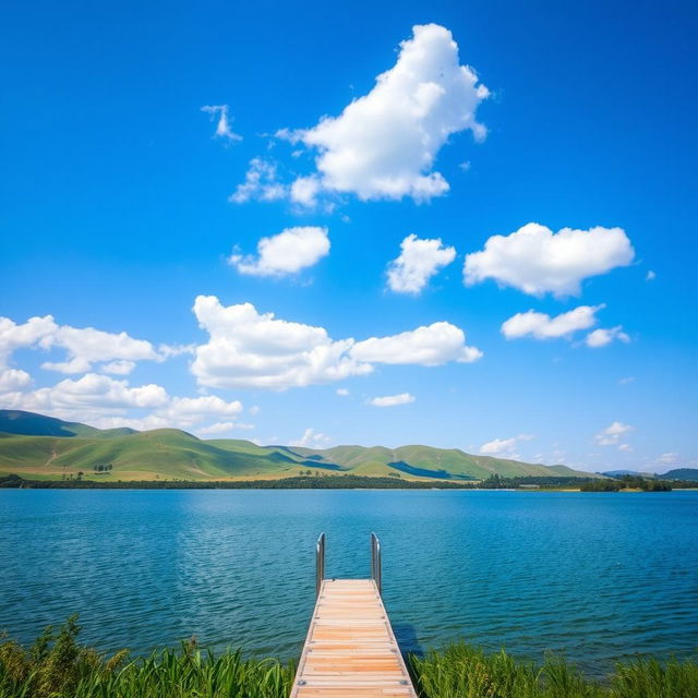 A serene landscape featuring rolling hills under a bright blue sky, dotted with fluffy white clouds