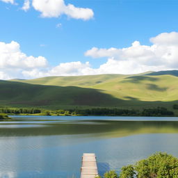 A serene landscape featuring rolling hills under a bright blue sky, dotted with fluffy white clouds