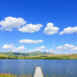 A serene landscape featuring rolling hills under a bright blue sky, dotted with fluffy white clouds